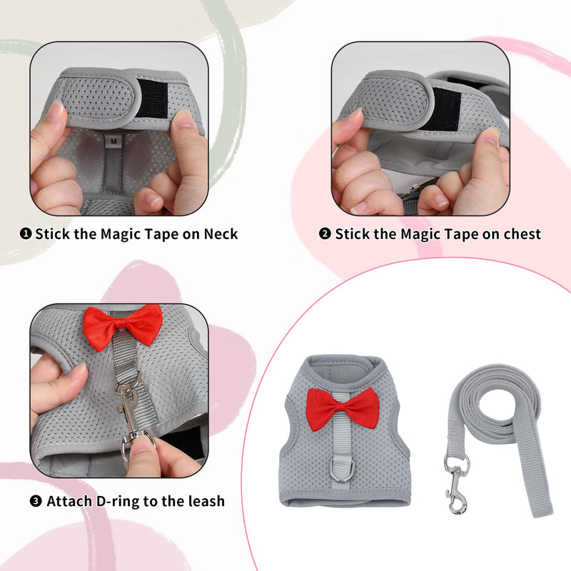 AIITLE Bunny Harness and Leash Set with Cute Bow, Soft Breathable Mesh Vest Harness for Rabbits Kitten Ferret Small Pig Puppy Walking Supplies Grey M Medium - BeesActive Australia