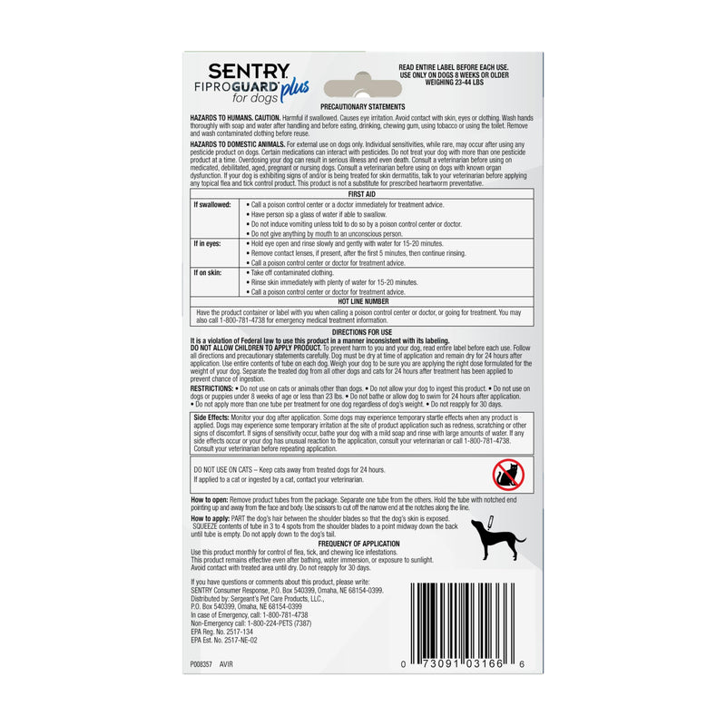 Sentry Fiproguard Plus for Dogs, Flea and Tick Prevention for Dogs (23-44 Pounds), Includes 6 Month Supply of Topical Flea Treatments