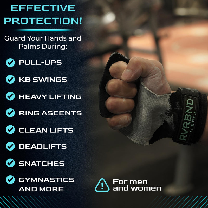 RVRBND Lifestyle 3 Hole Rubber Carbon Hand Grips for Crossfit, Gymnastics, Lifting, Pull Up with Velcro Wrist Strap & Foam Pad, Smooth Hand Protection Large