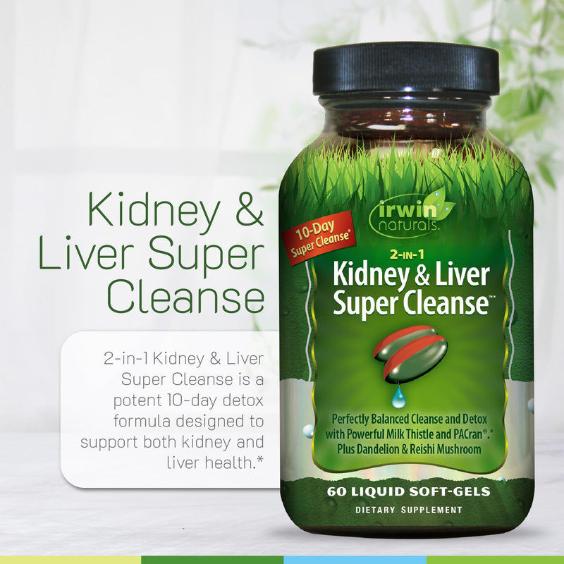 Irwin Naturals 2-in-1 Kidney & Liver Super Cleanse (10-Day) - Balanced Liver Detox & Kidney Cleanse - Milk Thistle Dandelion Root & Reishi Mushroom - Whole-Body Detox Formula - 60 Liquid Soft-Gels