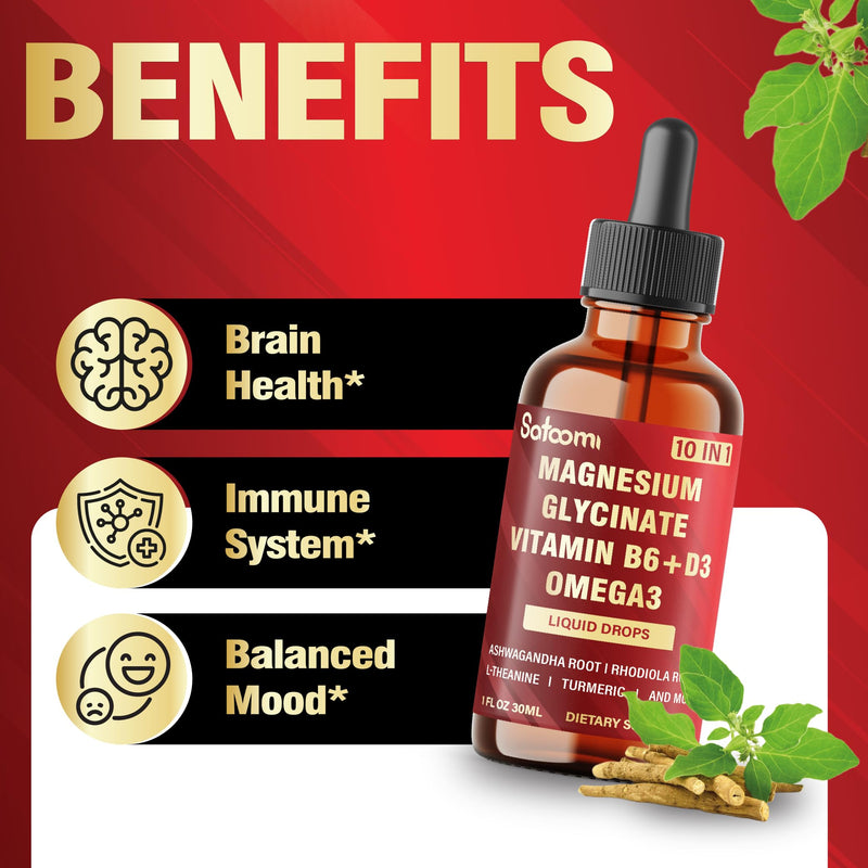 10in1 Magnesium Glycinate Liquid Drops – Magnesium Complex Supplement with Omega3, Vitamin D3, Vitamin B6, Ashwagandha and More - Supports Overall Wellness - 1 FL Oz - 1 Month Supply
