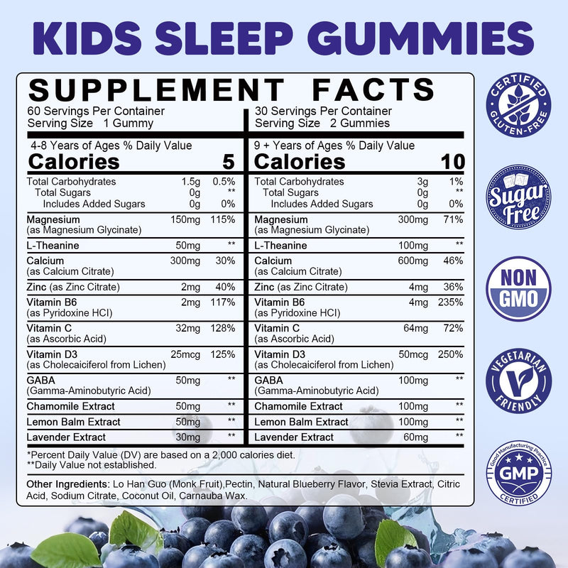 Kids Sleep Gummies - with Magnesium Glycinate, Lemon Balm, L-Theanine | Calming Relaxation, Support Natural Sleep, Quiet Mind - Berry Flavor, Non-Habit Forming 60 Count (Pack of 1)