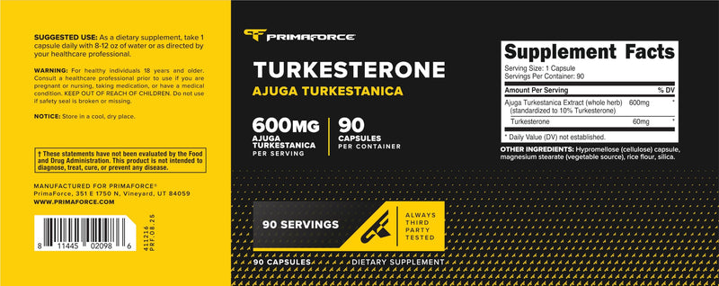 Primaforce Turkesterone 600mg, 90 Capsules, Gluten-Free Supplement | GMO-Free