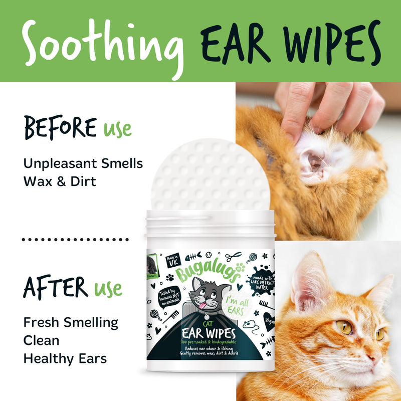 BUGALUGS Cat Ear Cleaner Cat Wipes 100 Biodegradable textured pre-soaked cat ear wipes. Pet Wipes Cat Ear Cleaner Solution Stops Head Shaking, Itching & Waxy Ears (100 Wipes)
