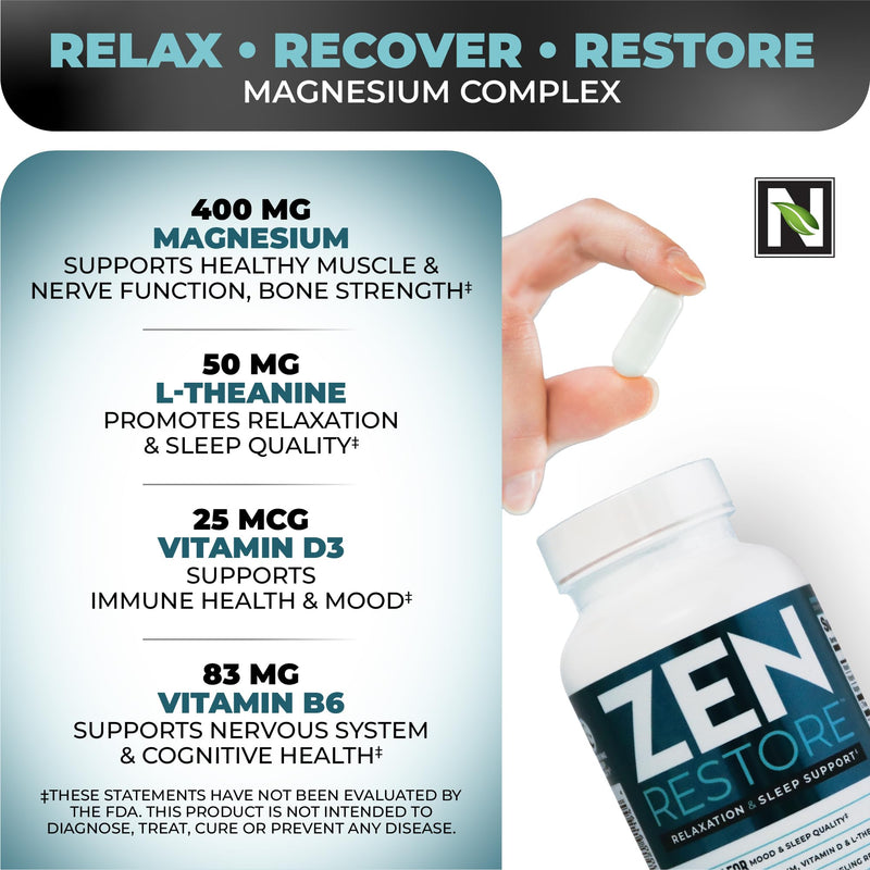 Nutrology Zen Restore – 400mg Magnesium Malate, Vitamin D3 & L-Theanine, Supports Sleep, Muscle Recovery & Adrenal Wellness, Magnesium Supplement for Men and Women, 30 Servings (Pack of 2) 90 Count (Pack of 2)
