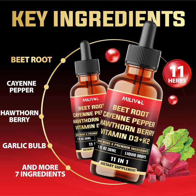 11in1 Beet Root Liquid Drops with Vitamin D3, Vitamin K2, Hawthorn Berry, Cayenne Pepper, Garlic, Hibiscus, Olive, Red Spinach, Green Tea, Ginseng - Digestion Support - 1 Fl Oz - 60 Day Supply