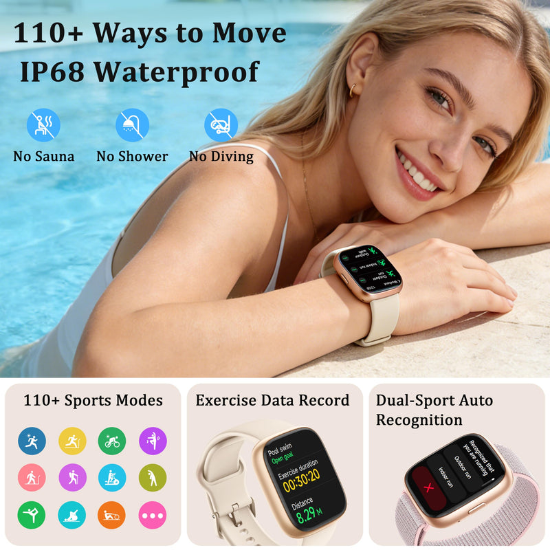 Smart Watch for Women Men, 2026 Upgrade Smartwatch [2 Bands, 44mm case], 1.83" Fitness Tracker Watch Alexa Built-in, Make/Answer Call, HR Sleep Stress Monitor, IP68 Waterproof Step Counter Watch Pinkish Beige
