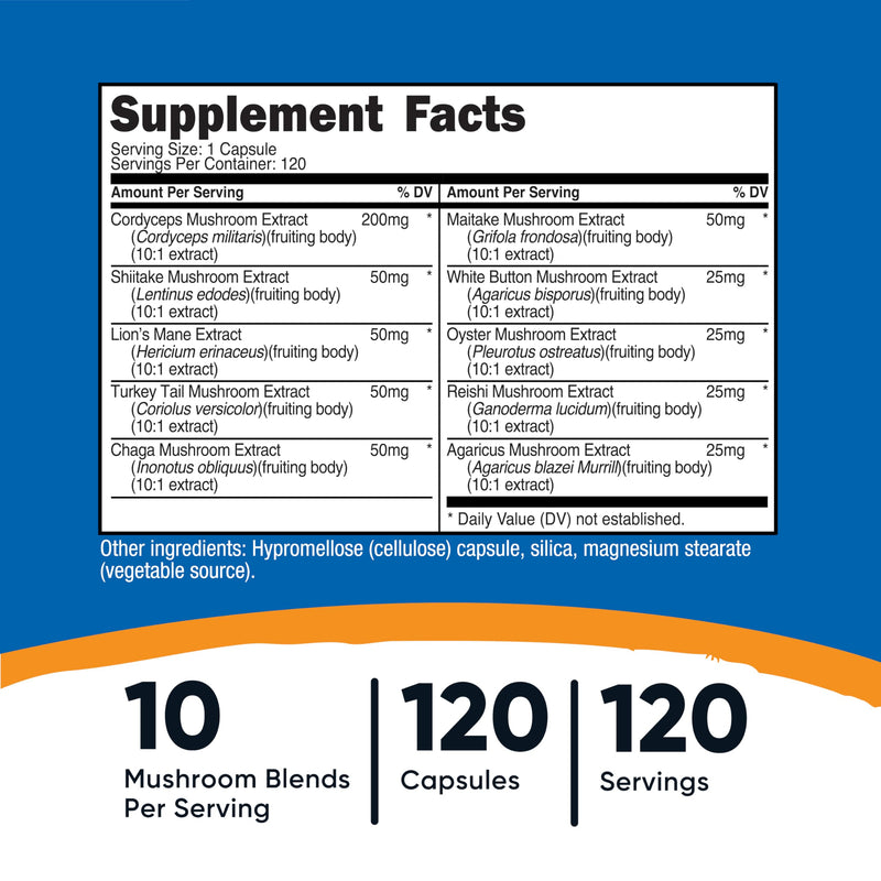 Nutricost Mushroom Complex Supplement, 120 Capsules - 10 Mushroom Blend (with Reishi, Maitake, Shiitake, Lion's Mane, and More) - Non-GMO and Gluten Free