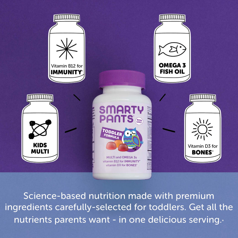 SmartyPants Toddler Multivitamin Gummies: Omega 3 Fish Oil(EPA/DHA), Vitamin D3, C, B12, B6, A, K & Zinc, Biotin, Beta Carotene, Gluten Free, 3 Fruit Flavors, 180 Count (60 Day Supply) (Pack of 2) 180 Count (Pack of 2) Discontinued - 60 Day Supply