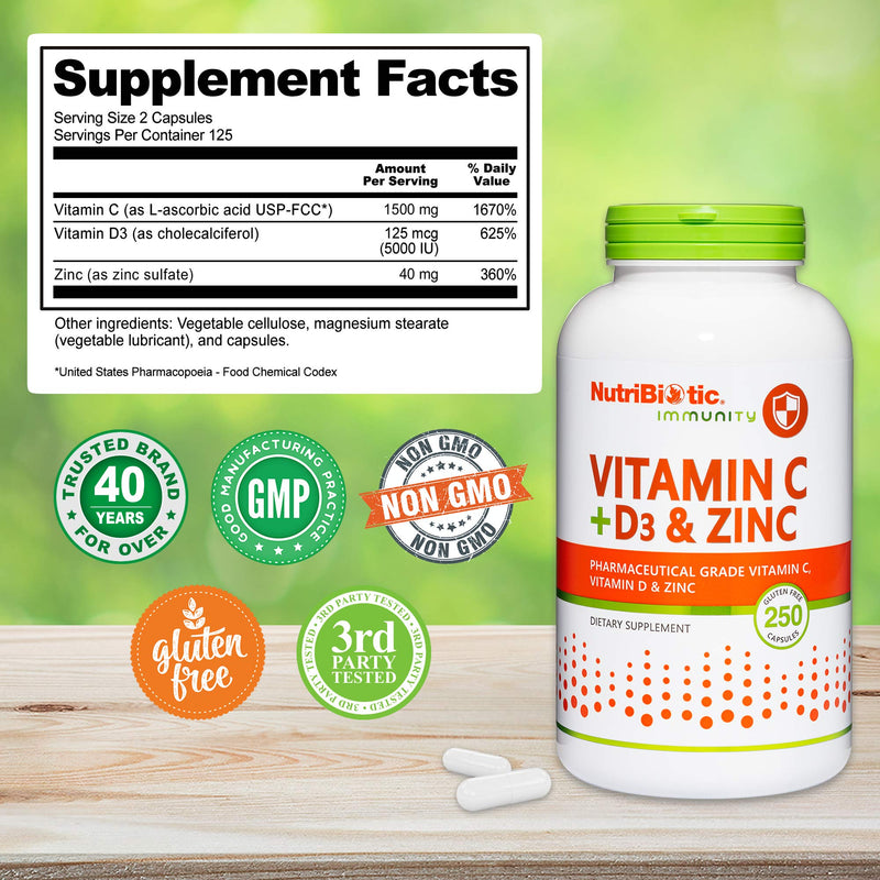 NutriBiotic – Vitamin C + Vitamin D3 & Zinc, 250 Capsules | Potent, Comprehensive Immune Support | Essential & Antioxidant Daily Supplement | Gluten & GMO Free (Pack of 2) 250 Count (Pack of 2)