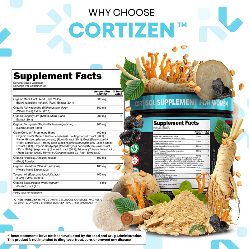 Clean Nutra Cortisol Supplements For Women | Maca Root Ashwagandha Cortisol Detox Manager Reducer + Slippery Elm Fenugreek Lions Mane Shilajit Rhodiola Sea Moss Tongkat Ali Cordyceps Ginseng Beet Root 1