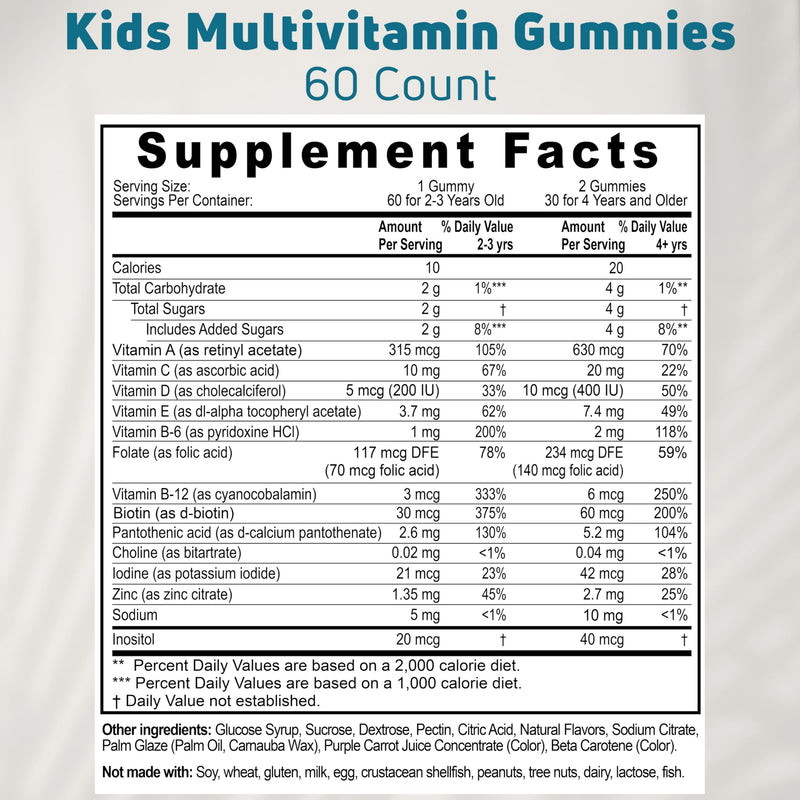Kids Multivitamin Gummies, 30-60 Day Supply with 14 Essential Kids Vitamins & Minerals. Toddler Vitamins for Overall Wellness. Non-GMO, Gelatin-Free, Gluten-Free, Vegetarian Children Vitamin