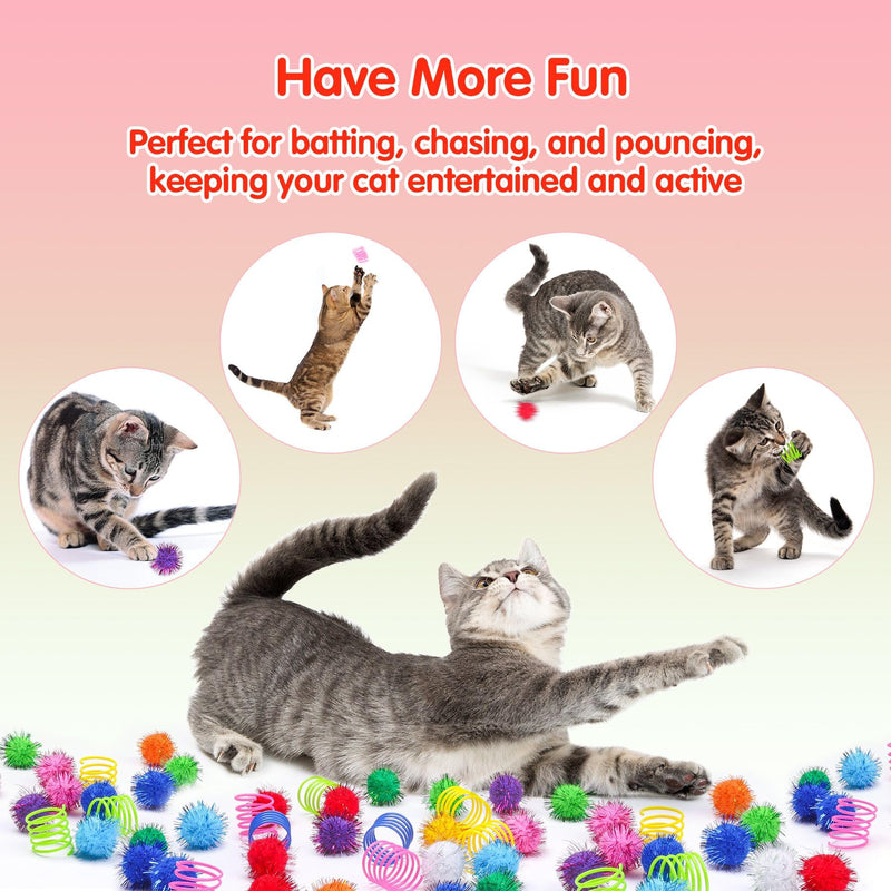 SEVENKA Cat Toys 30 Pcs Color Flash Balls and 36 Spring Toys, 1.1in Small Soft Cat Toy Ball Tinsel Pom Poms, Kitten Toys, Plastic Spiral Springs for Cat Swatting, Biting, Hunting, Active Healthy Play 30 Flash Balls & 36 Springs - BeesActive Australia