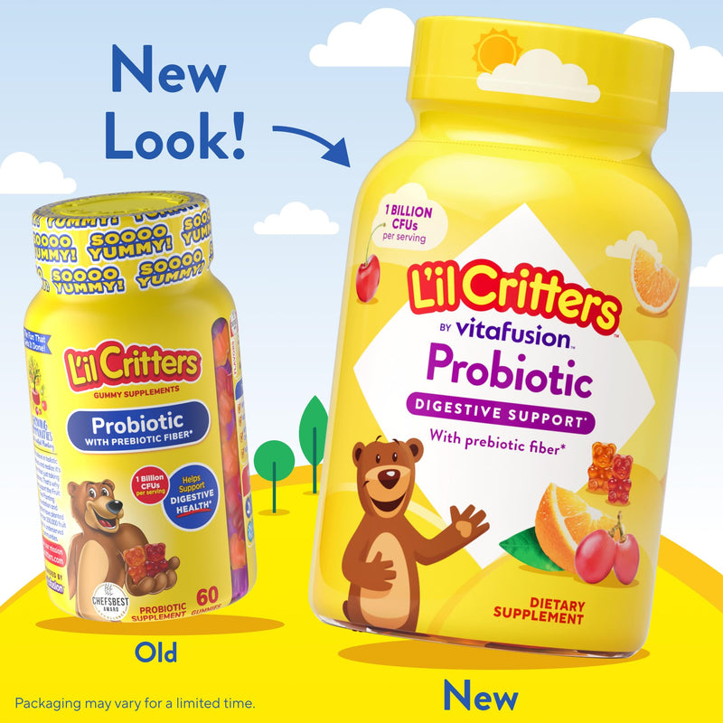 L'il Critters Kids Probiotic Gummies | 60 Children's Gummy Vitamins | with Prebiotic Fiber | 1 Billion CFUs | Assorted Fruit Flavors | Gluten, Dairy, & Gelatin-Free Supplement 60 Count