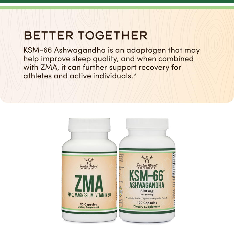 ZMA Supplement for Men and Women (Over 100% Daily Value of Zinc, Magnesium Aspartate, Vitamin B6) 501mg, 90 Capsules for Restfulness and Active Lifestyle Support by Double Wood Supplements (Pack of 2) 90 Count (Pack of 2)