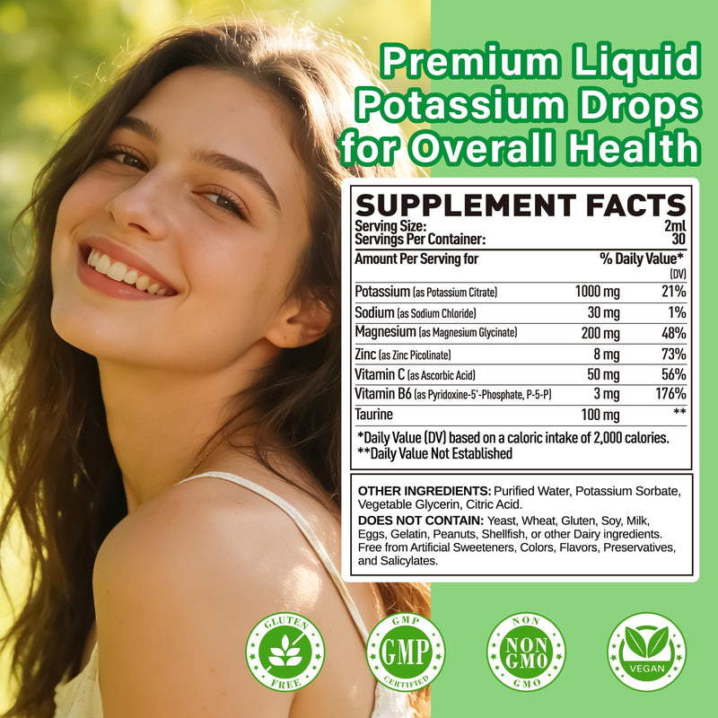 Liquid Potassium 1000mg Drops, Potassium Citrate with Magnesium Supplement for Women, with Zinc Picolinate, Taurine, Vitamin B6 & C, Support Leg Cramps & Muscle Health, 30 Servings