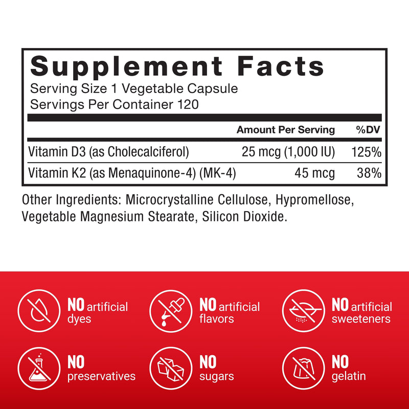 Force Factor Vitamin D3 K2 to Support Immune, Heart & Bone Health | High-Potency 2-in-1 Formula, Essential Vitamins & Minerals, Vegan, No Gelatin, Non-GMO, 120 Capsules