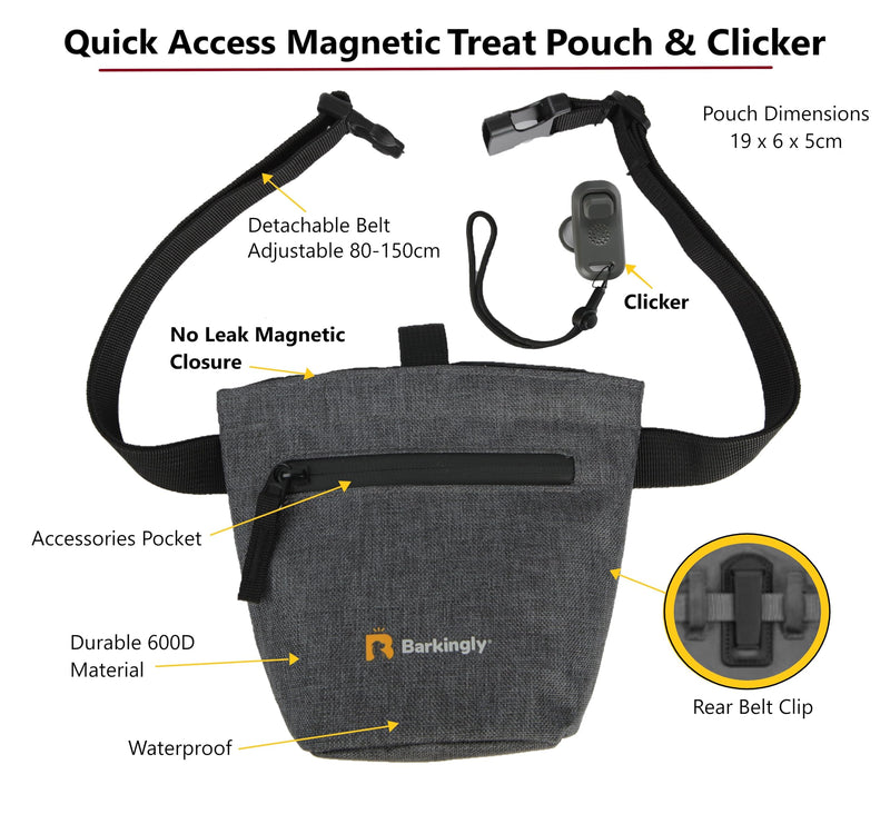 Barkingly. Dog Treat Pouch Plus Clicker. No Leaks or Spills Sealing Magnetic Closure, One Handed Training, 4 Ways to Wear, Detachable Waist Belt and Clip. Waterproof Body. Durable Treat Bag. - BeesActive Australia