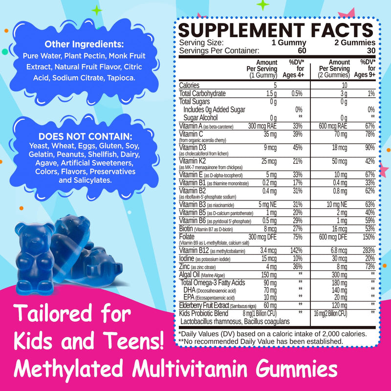 Kids Methylated Multivitamin - MTHFR Multivitamin for Kids & Teens 4+, L Methylfolate & B12, 13 Vitamins, Vegan Omega-3, Zinc, Probiotics & Elderberry, Immune Support, Brain Health, Sugar-Free 1 Pack