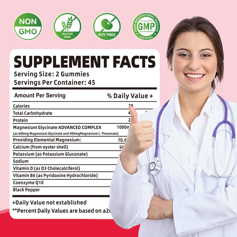 90 CT Magnesium Glycinate Gummies 1000mg - Sugar Free Magnesium Potassium Supplement with Vitamin D, B6, CoQ10 for Calm Mood & Sleep Support - 90 Raspberry Gummies 90 Count (Pack of 1)