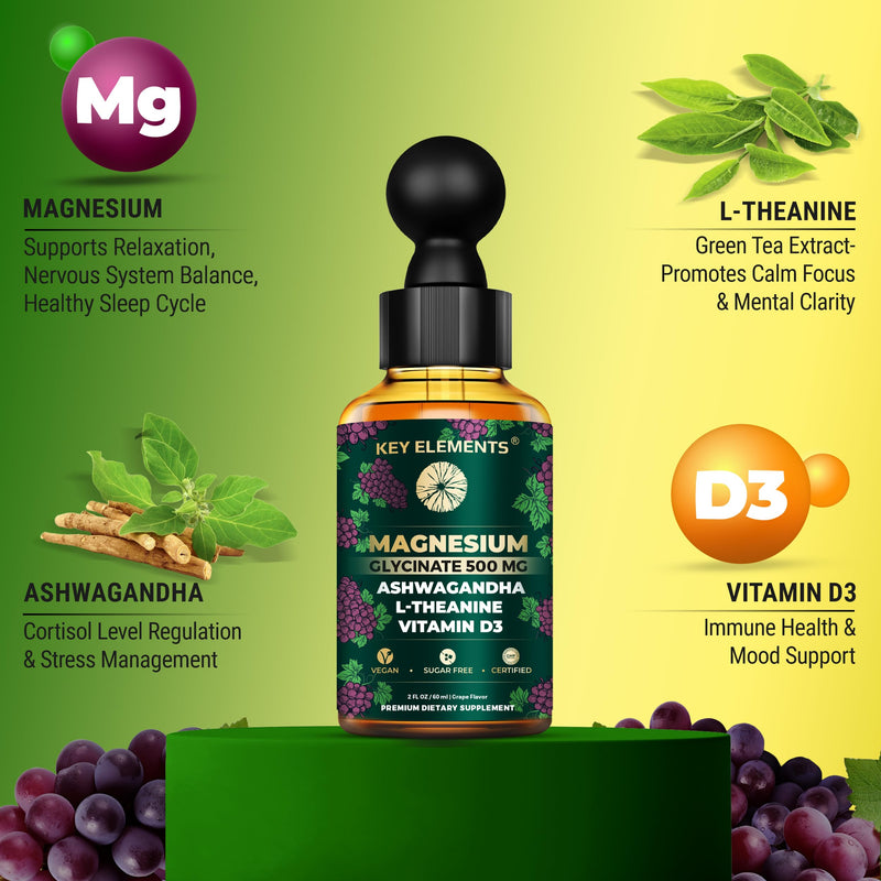 Liquid Magnesium Glycinate 500mg with Ashwagandha & L Theanine | Stress Relief, Sleep and Calm Vitamin D3 Magnesium Supplement | Ashwagandha and Magnesium with L-Theanine