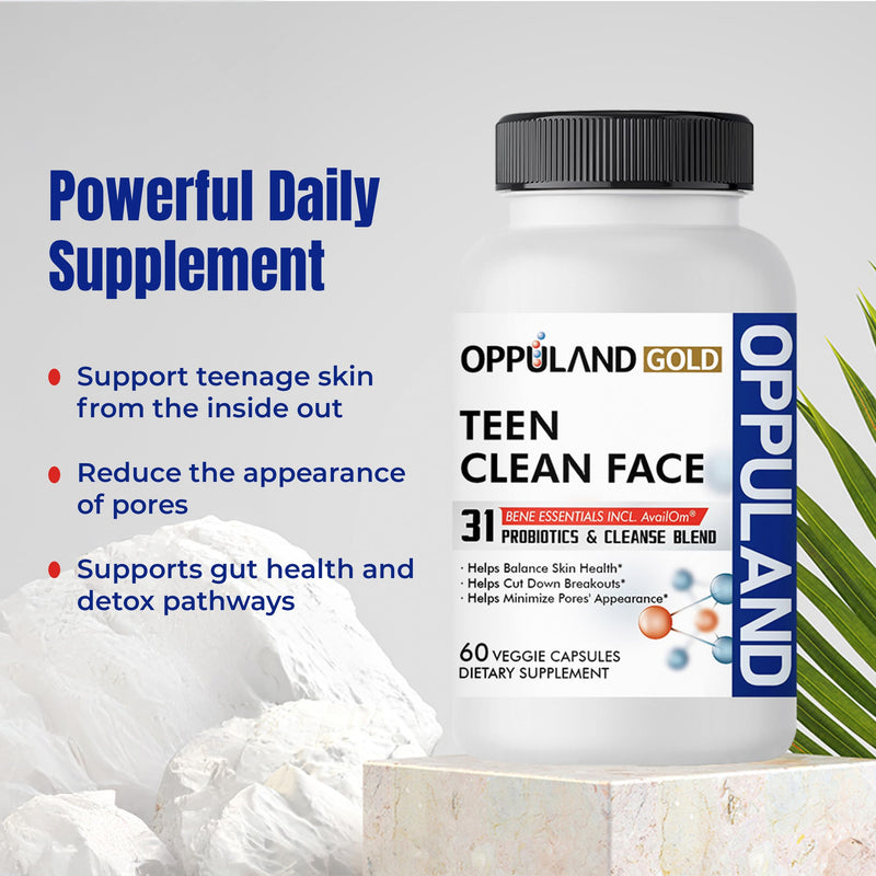 Teen Clean Face - Probiotics & Cleanse Blend - Balances Skin Health for Teen - Gut Support Supplement – Daily Synbiotic with Prebiotics, Zinc, Omega-3 & Herbal Cleansers – 30 Days Supply