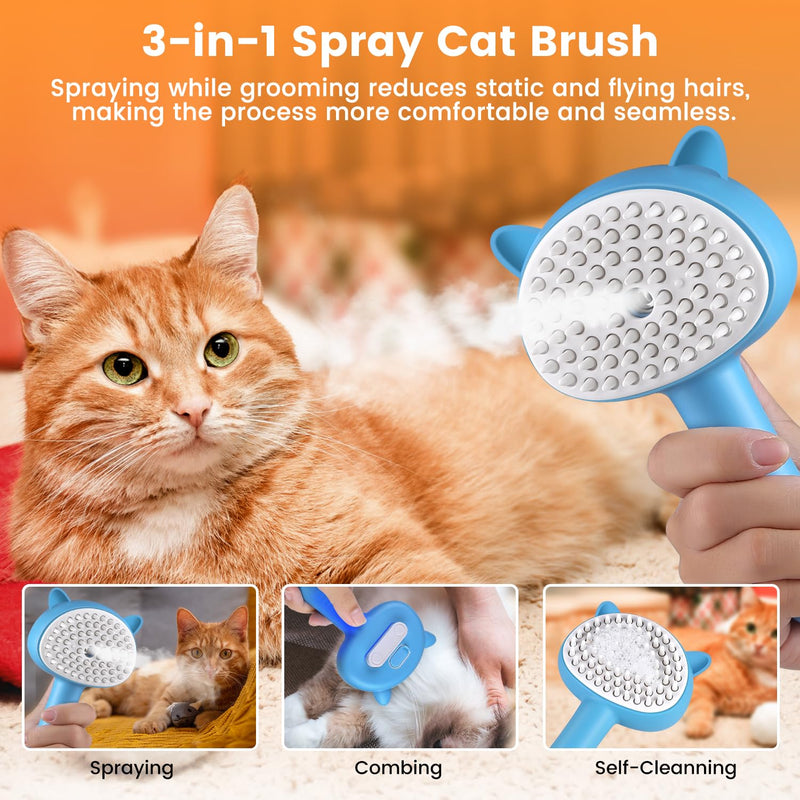 Cat Steam Brush, Cat Spray Brush for Shedding, Pet Steam Brush for Long & Short Haired Cats & Dogs, Spritz Defur Comb for Cats, Self-Cleaning Cat Hair Brush Removal Comb with Soft Bristles - BeesActive Australia