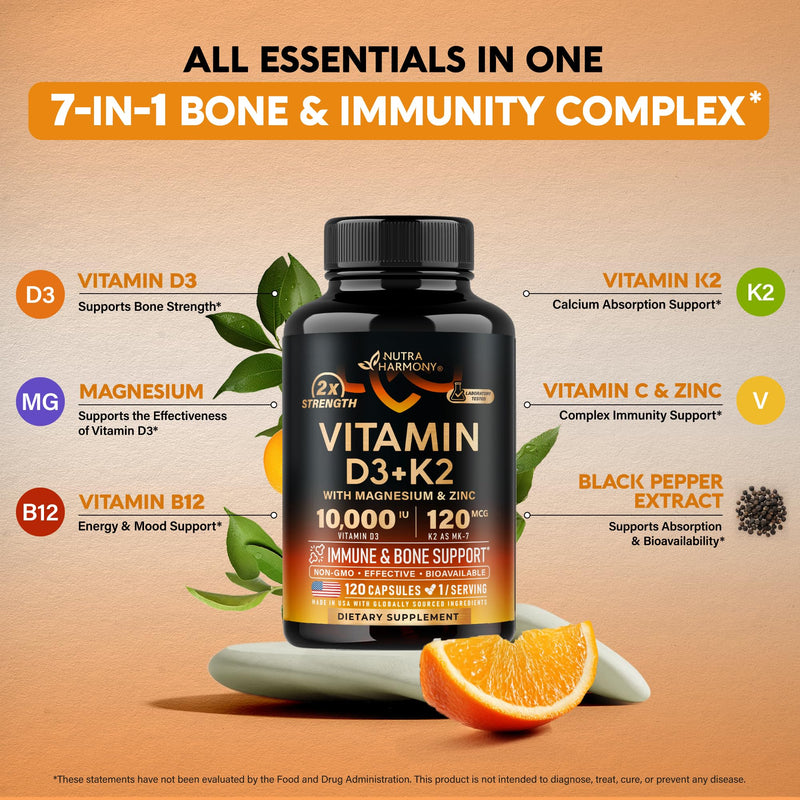 Vitamin D3 K2 - Vitamin D3 10000 iu & K2 as MK-7 120 mcg - Immune & Mood Support, for Bone & Teeth Health - with Magnesium, Zinc & Vitamin C & B12 - Highly Bioavailable - Made in USA, 120 Capsules 120 Count (Pack of 1)