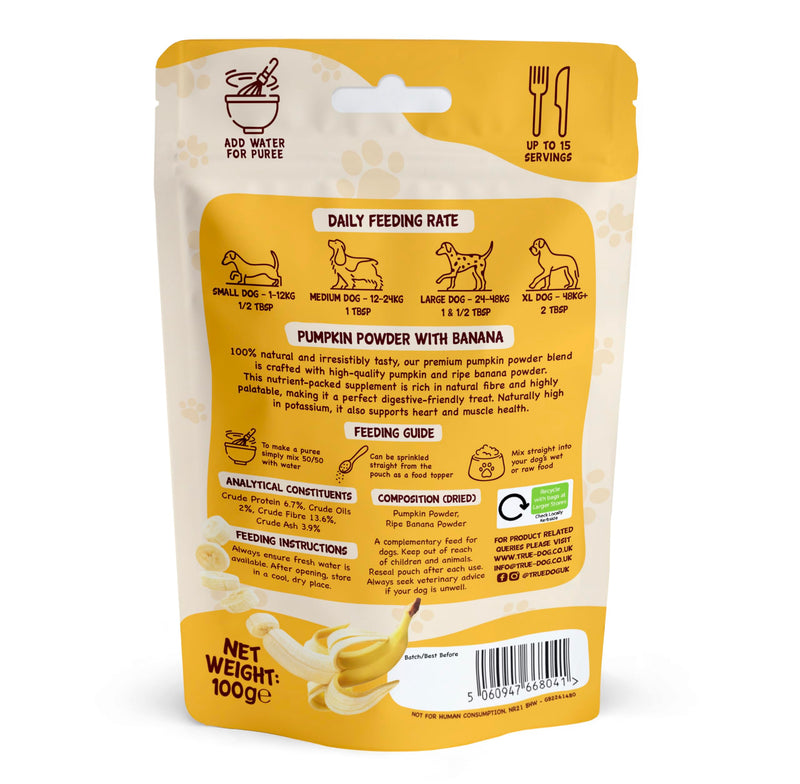 True Dog Pumpkin Powder with Ripe Banana 100g | Natural Pumpkin Puree Powder for Dogs, Digestive Supplement, Stool Firming, High Fibre Dog Food Topper, Manufactured in the UK