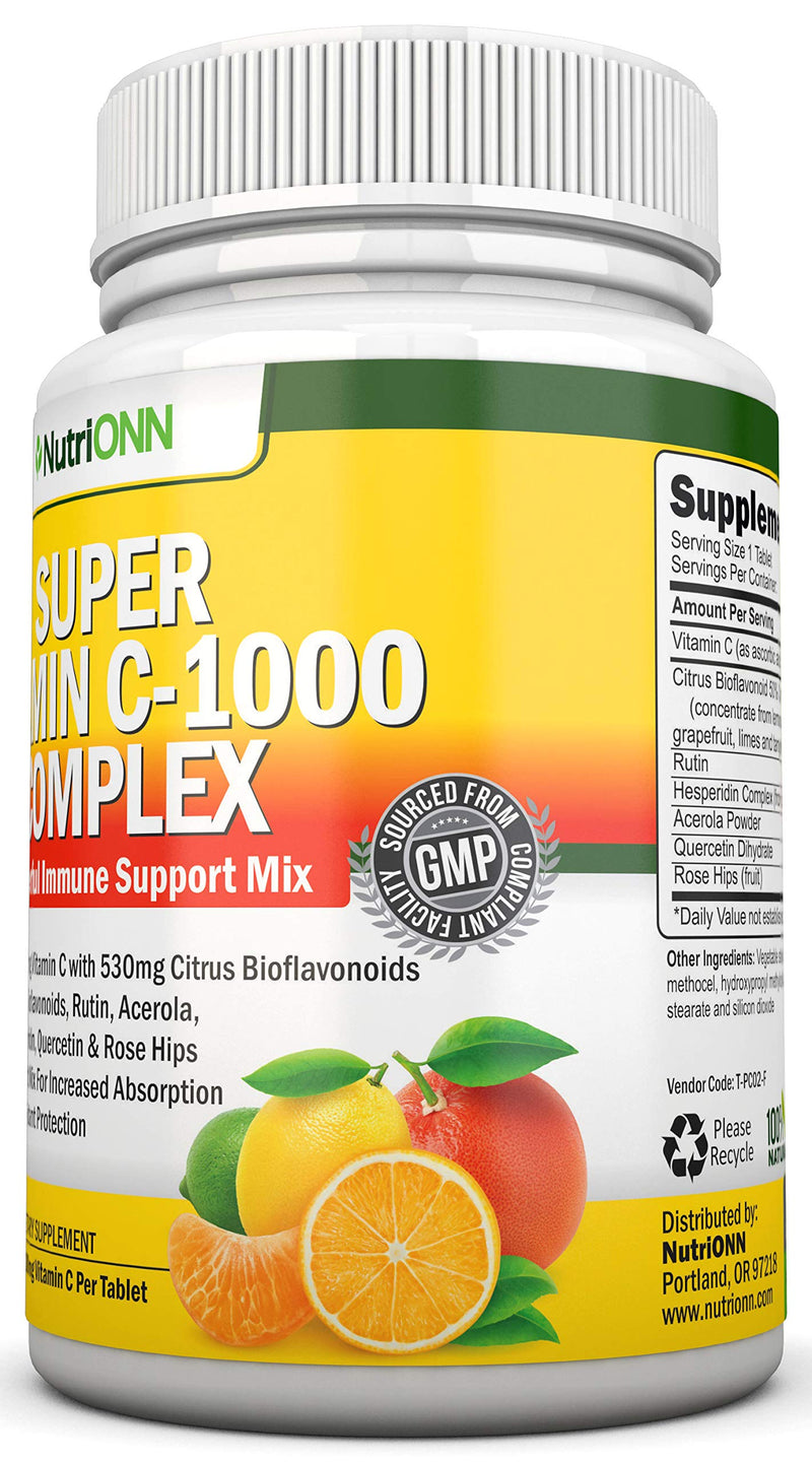 Super Vitamin C Complex - 1695Mg - 180 Tablets - With 530 mg Natural Citrus Bioflavonoids, Rose Hips, Rutin, Quercetin & Hesperidin For Increased Absorption - Advanced Immune Support - Non-GMO