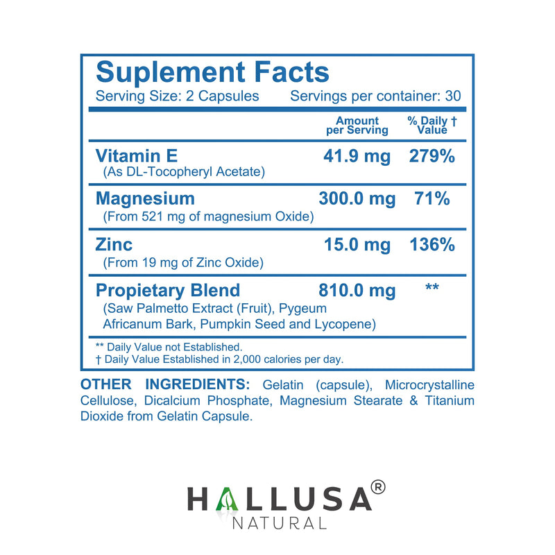 Hallusa Natural Hallprost Ultra Prostate Health Supplement, 60 Capsules | Saw Palmetto Blend 810mg for Urinary Tract & Bladder Support with Lycopene, Pygeum, Pumpkin Seed, Zinc & Vitamin E