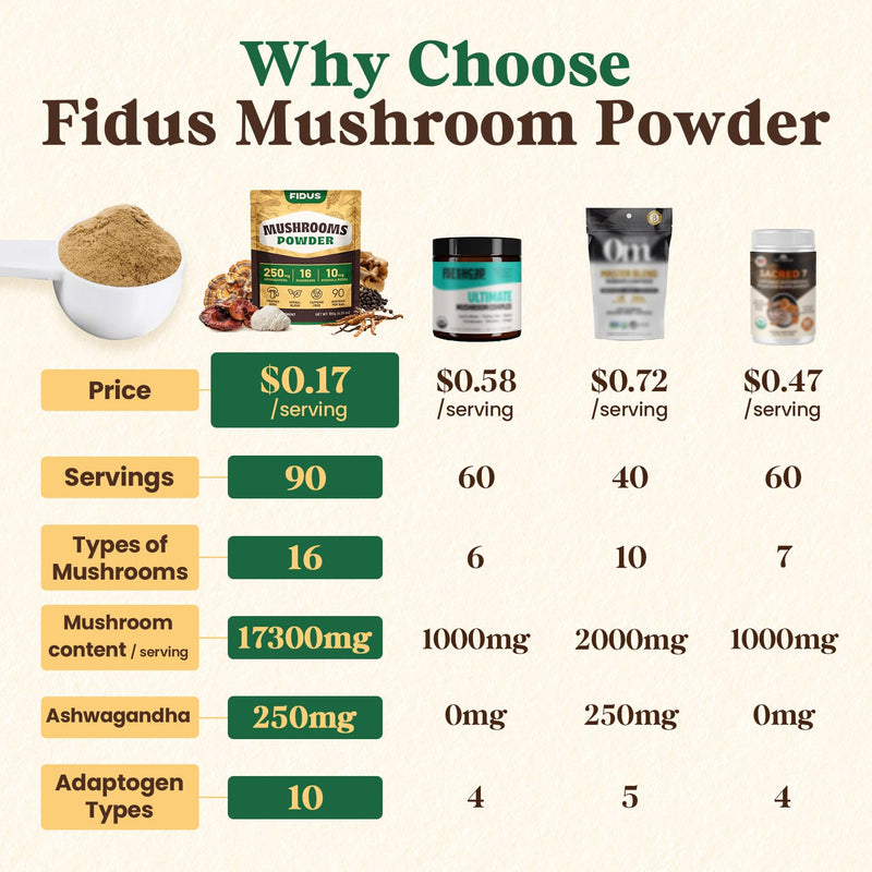 Fidus 16 Mushroom Supplement Powder with 17,300mg, 90 Day Servings Mushroom Coffee Alternative for Immunity, Focus & Energy with Ashwagandha, Lion's Mane, Chaga and Reishi, 100% Fruiting Bodies 6.7 Ounce (Pack of 1)