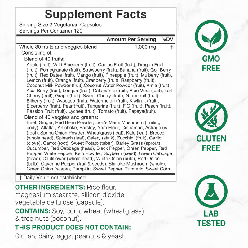 Nature’s Fruits & Veggies Supplement, 240 Veggie Capsules – 80 Whole Food Superfoods for Daily Balance – 40 Fruits with 40 Vegetables and Greens – Non-GMO, Gluten Free