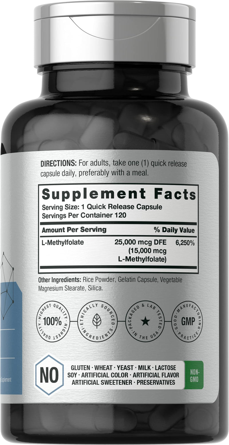 Horbäach L Methylfolate 15000 mcg | 120 Capsules | 15mg Methyl Folate | 5-MTHF | Non-GMO, Gluten Free Supplement