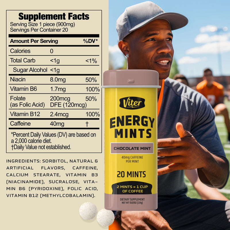 Viter Energy Caffeinated Mints 40mg Caffeine, B Vitamins, Sugar Free. (Chocolate Mint, 20pcs, 6 Pack)