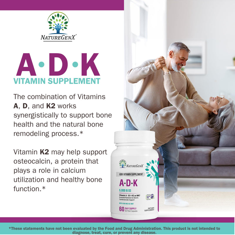 NatureGenX ADK Vitamin Supplement – Vitamins A, D3 & K2 MK-7 for Bone Health & Calcium Absorption – Gluten-Free, Non-GMO, Soy-Free – 120 Capsules, 2-Pack (4-Month Supply) | For Bone Health & Calcium Absorption - Immune Support, Gluten-Free, Non-GMO, So...