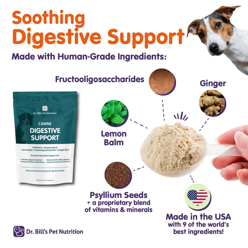 Dr. Bill’s Canine Digestive Support | Probiotics & Prebiotics for Dogs | Gut Health Pet Supplements | Contains Ginger Root, Psyllium Husk, Lemon Balm and Bifidobacterium - PawsPlanet Australia