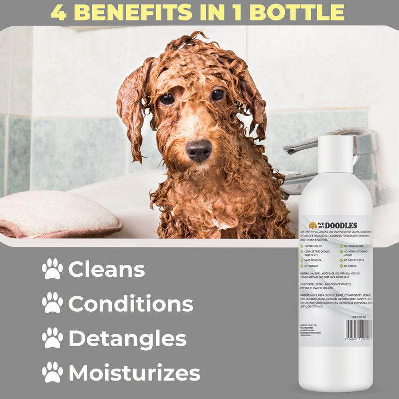 We Love Doodles Hypoallergenic Dog Shampoo, Conditioner & Detangler and Pet Bath Brush - Organic Ingredients, Sensitive Skin & Allergies, Made in USA, Grooming Brush for Shower Scrubbing & Soothing - PawsPlanet Australia
