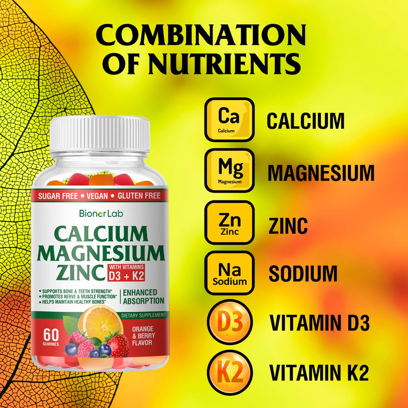 BionerLab Calcium Magnesium Zinc Gummies with Vitamin D3 & K2 - High Absorption Complex with Magnesium Glycinate Calcium Zinc Citrate for Bone Muscle & Immune Health - Sugar-Free Orange Berry Flavored 60 Count (Pack of 2)