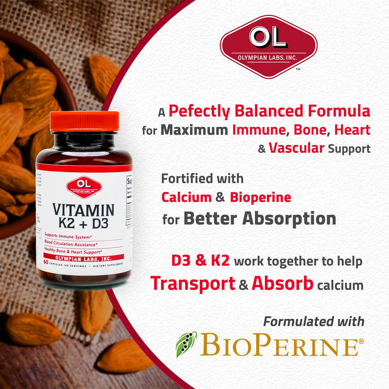 Olympian Labs Vitamin K2 + D3, 60 Servings, Supports Immune System, Bone and Heart Support, 60 Vegan Capsules (Pack of 2) 60 Count (Pack of 2)