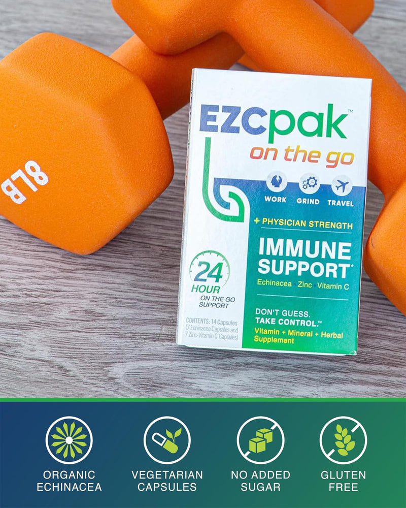 EZC Pak On The Go Immune System Booster with Echinacea, Vitamin C, Zinc | Immune Support Supplement, Travel-Friendly Packaging, Physician Formulated, Vegetarian, Gluten-Free 1 Count (Pack of 1)