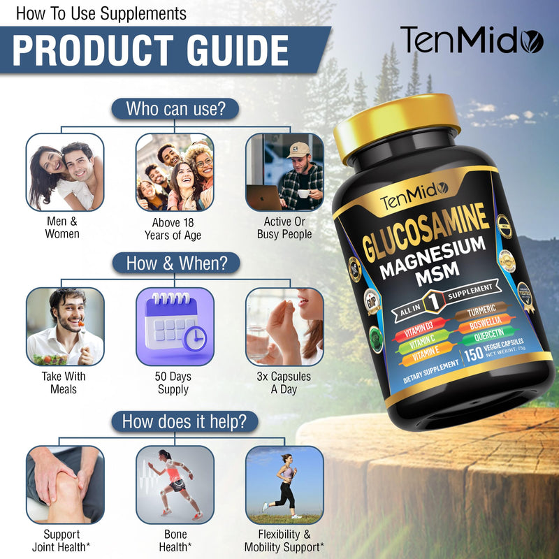 Glucosamine MSM Supplement for Men and Women - 11in1 Formula - Combine with Magnesium, Turmeric, Boswellia, Quercetin, Burdock Root, and More | Joint & Mobility Support - 150 Capsules