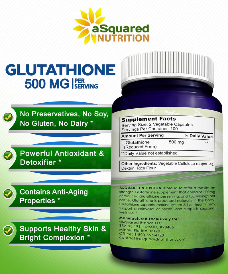aSquared Nutrition Reduced Glutathione 500mg Per Serving Supplement -200 Capsules -L-Glutathione Antioxidant to Support Liver Health & Detox - Max Strength Powder Pills to Help Immune & Brain Function
