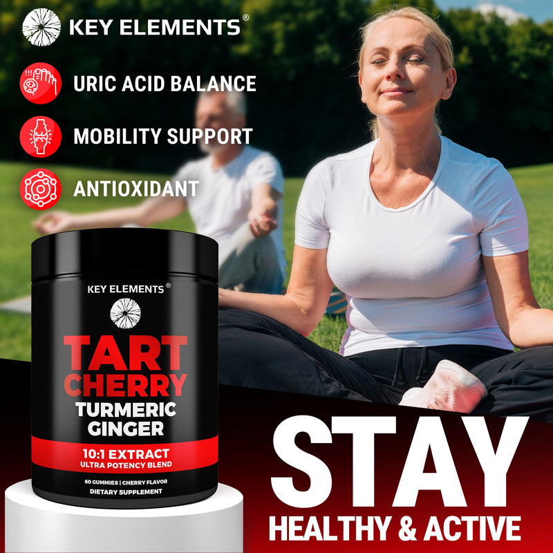KEY ELEMENTS [Ultra Strength] Tart Cherry Gummies Extract with Turmeric & Ginger - Natural Tart Cherry Supplement for Uric Acid Cleanse Support & Recovery Gummies 60 Count (Pack of 1)