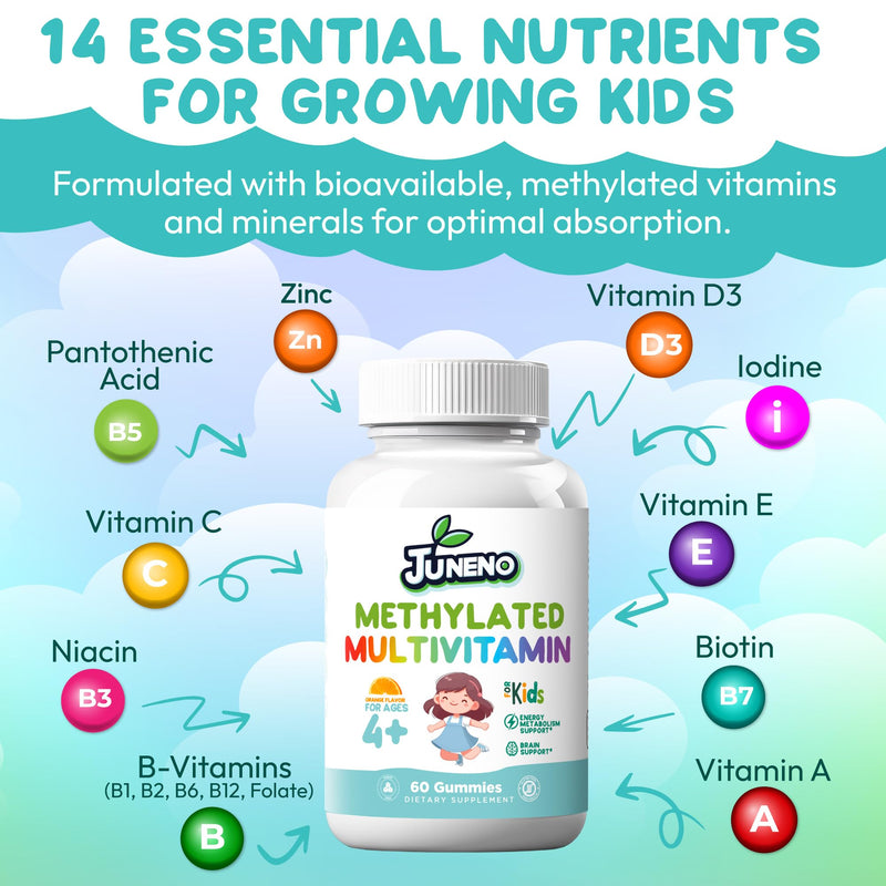 Methylated Multivitamin Gummies for Kids- Vegan Gluten Sugar Free | MTHFR Support Supplement with B Complex 5-MTHF Folate (L-Methylfolate) B1 B3 B6 Methylcobalamin B12 Biotin Vitamins A C D3 E