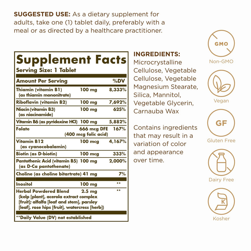 Solgar B-Complex Tablets, 250 Count Unflavored 250 Count (Pack of 1)