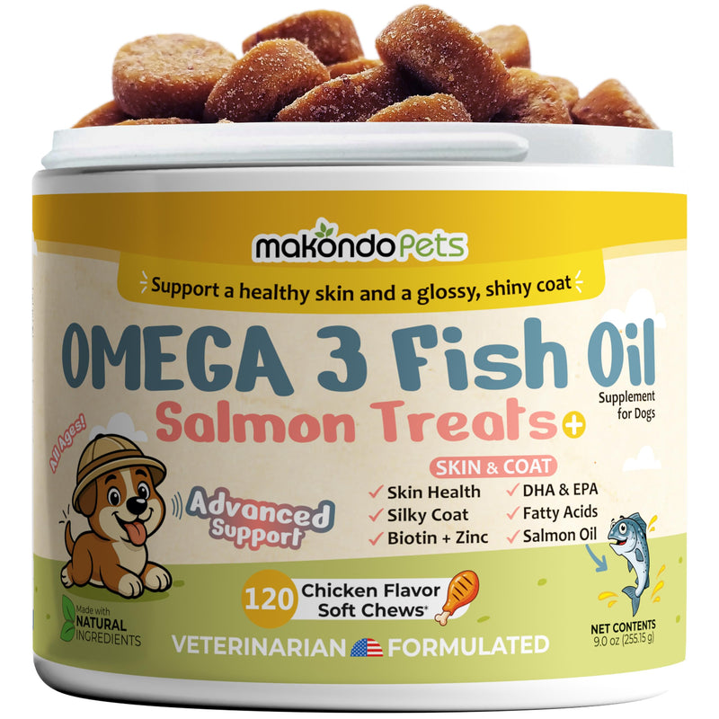 Omega 3 Soft Chews – Salmon Oil for Dogs Skin and Coat Support, Itch Relief & Shedding Support – EPA & DHA Dog Fish Oil Fatty Acids – 120 Chews by Makondo Pets.