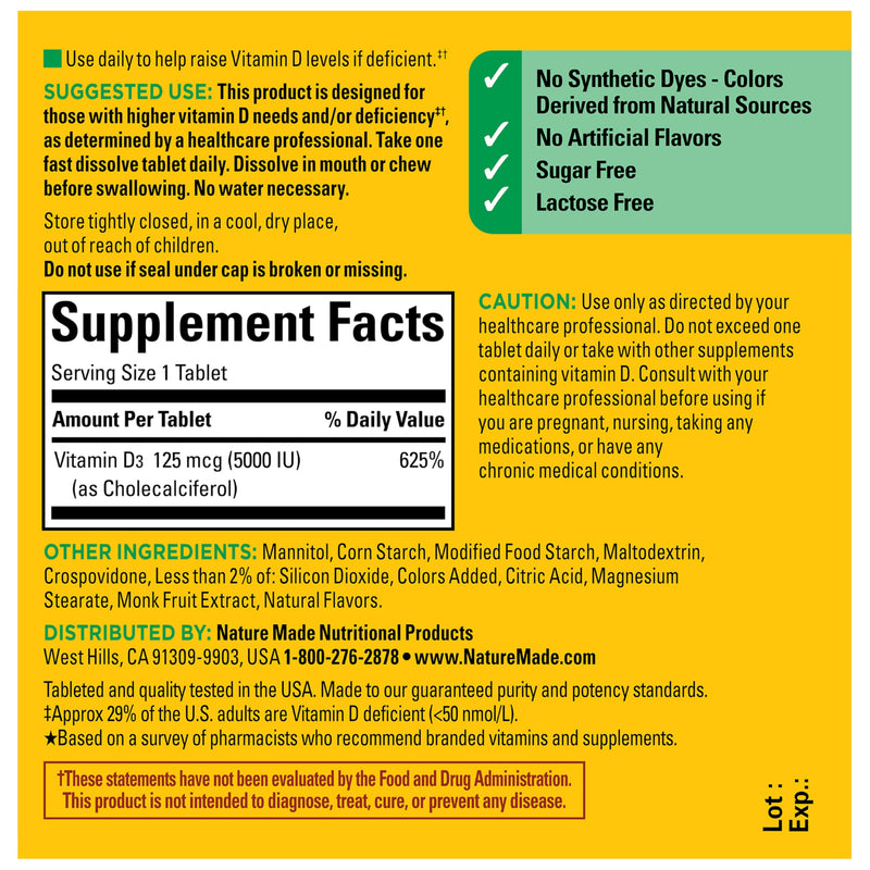 Nature Made Vitamin D3 5000 IU (125 mcg), 70 Fast Dissolve Tablets | Sugar Free, Extra Strength, Vitamin D Supplement for Immune Bone, Teeth and Muscle Health Support, 70 Day Supply 70 Count (Pack of 1)