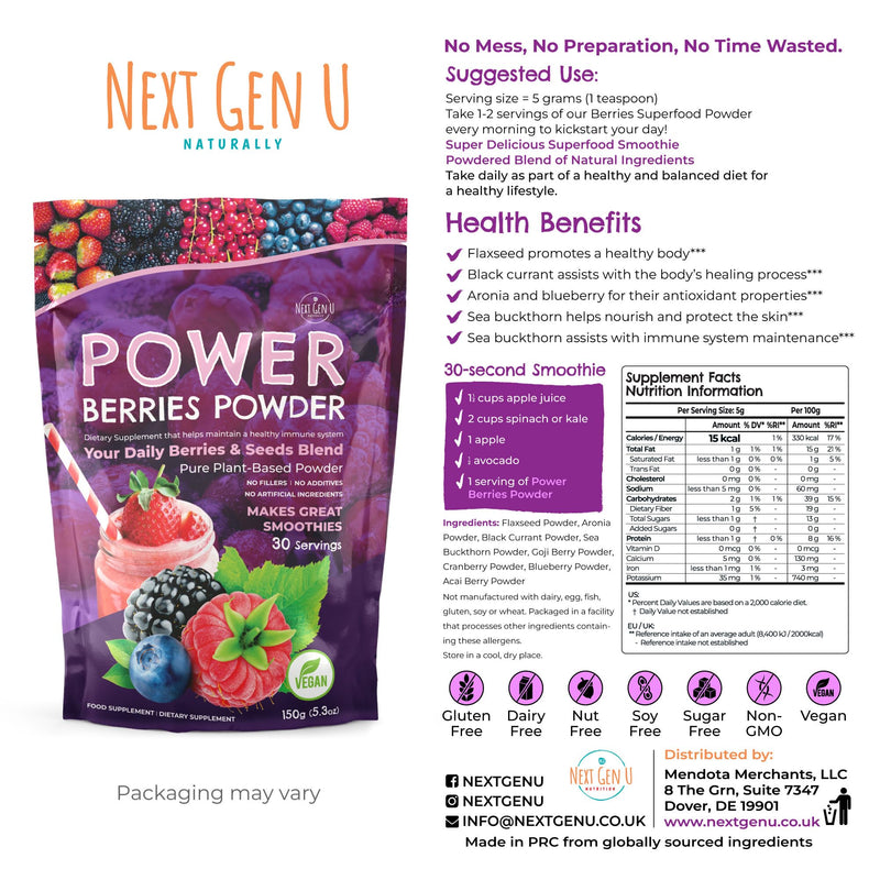 Super Berry Powder - 150g - Immune Support - Food Supplement - Superfood Berries - Smoothie Mix for Shakes - Healthy Boost for Detox Juice Beverages or Any Drink - by NextGenU 1