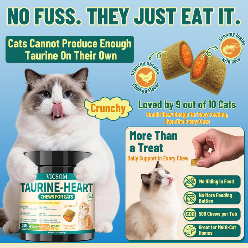 Cat Daily Wellness Bundle: Taurine + CoQ10 Crunchy Chews & Skin/Coat Comfort Soft Chews, Heart, Vision, Immune, Digestive & Coat Support for Adult & Senior Cats, Chicken Flavor